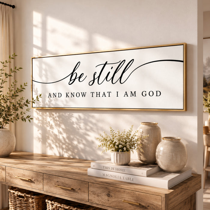 a wooden table with a framed sign that reads "be still and know that I am God" above it. The table also has two vases and a stack of books.