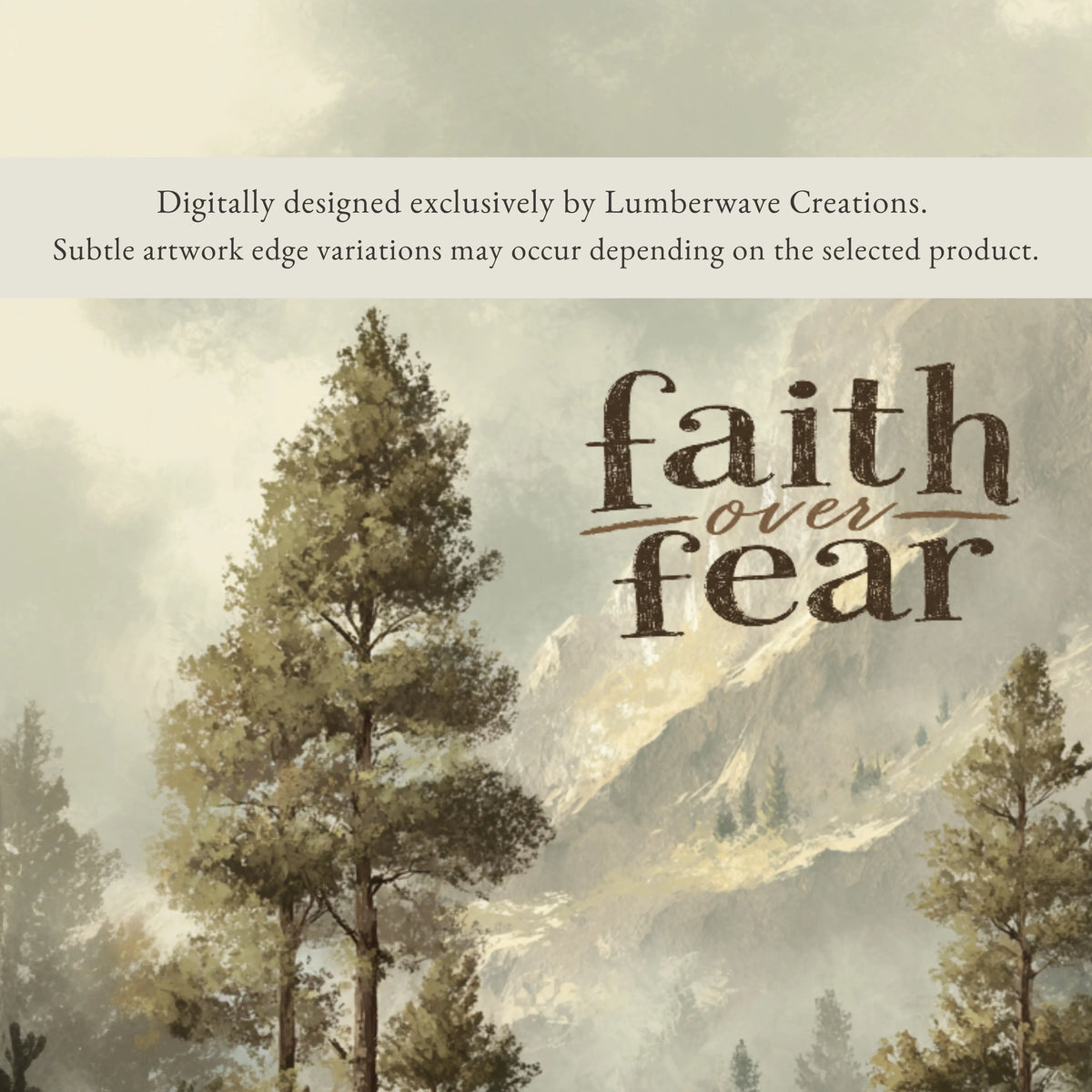 The image is a digital artwork featuring a forest scene with trees and mountains in the background. The text overlay provides information about the digital design and the selected product.