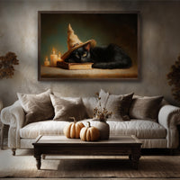 Black Cat Witch Hat Print – Halloween Wall Decor with Cute Kitten Sleeping Sign