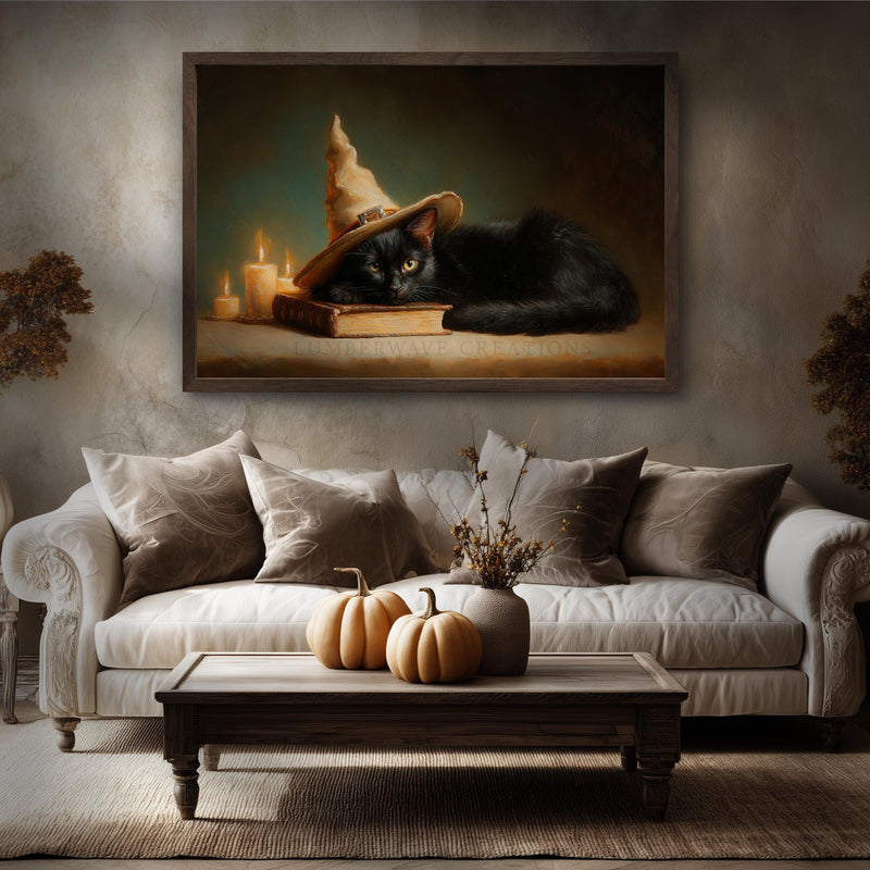 Black Cat Witch Hat Print – Halloween Wall Decor with Cute Kitten Sleeping Sign