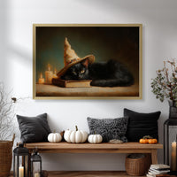 Black Cat Witch Hat Print – Halloween Wall Decor with Cute Kitten Sleeping Sign