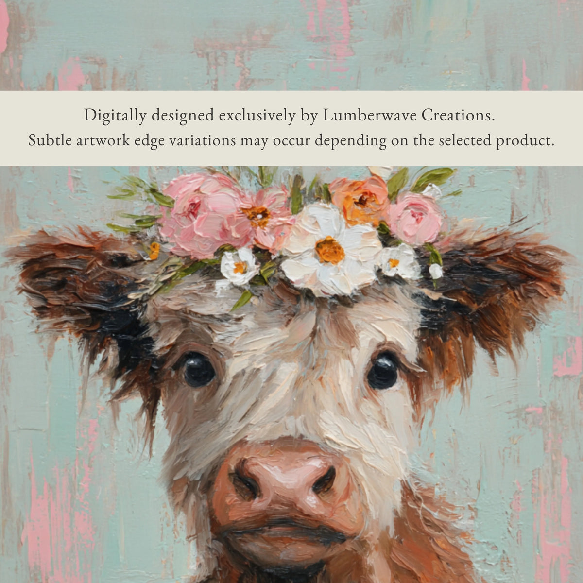 The image is a painting of a cow with a flower crown on its head.