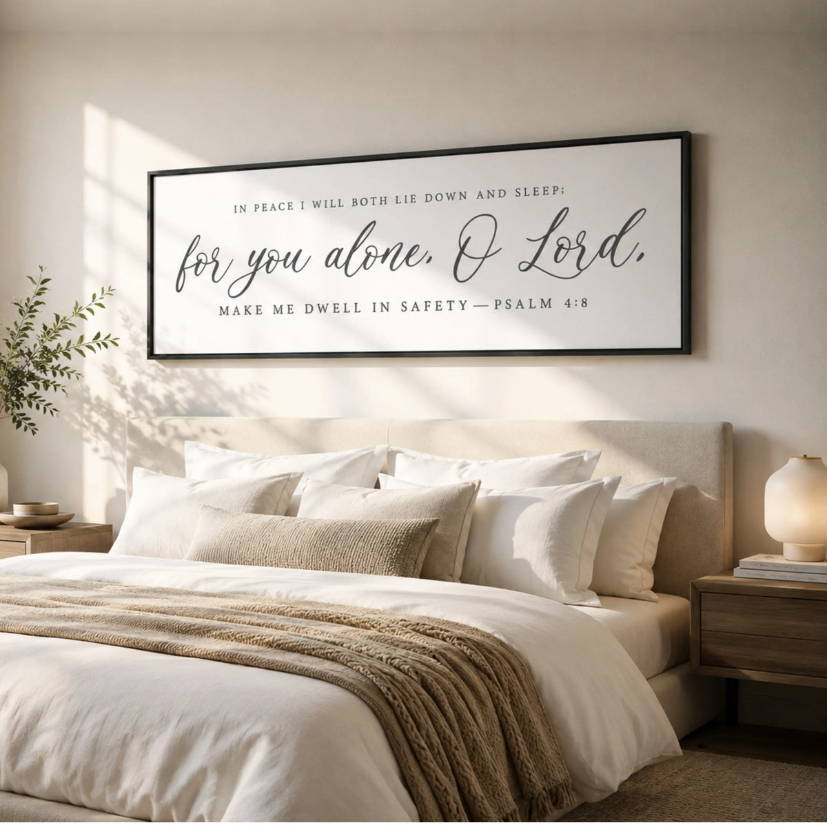 A bedroom with a large bed, white bedding, and a framed inspirational quote on the wall above it.