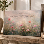 a canvas print of a floral scene with pink flowers, accompanied by a Bible verse from Psalm 46:10.