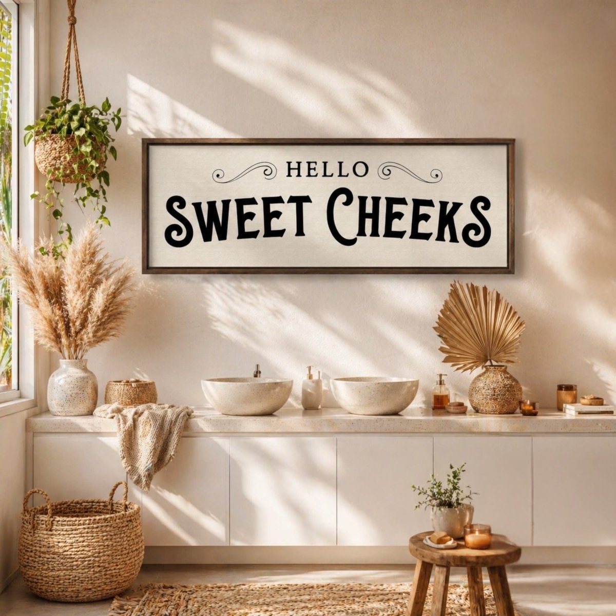 Funny Bathroom Sign - Hello Sweet Cheeks Wall Art | Retro Farmhouse Decor - Lumberwave Creations