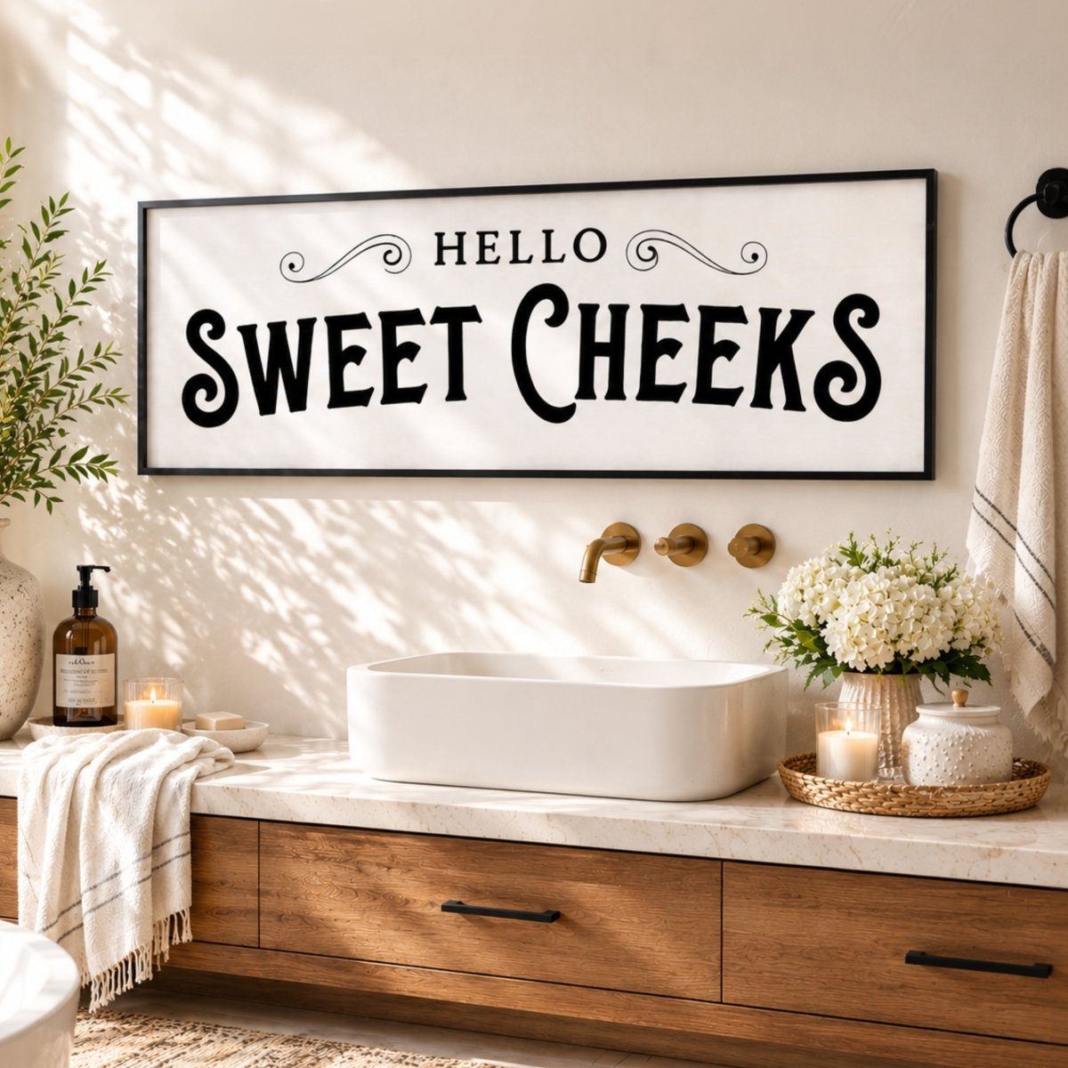 Funny Bathroom Sign - Hello Sweet Cheeks Wall Art | Retro Farmhouse Decor - Lumberwave Creations