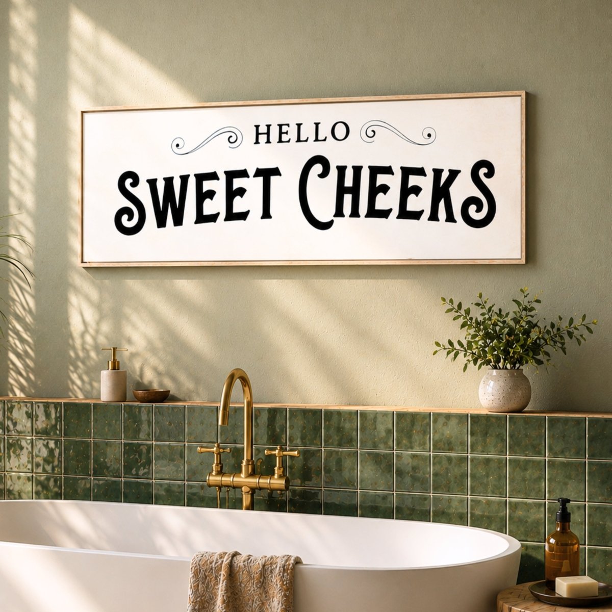 Funny Bathroom Sign - Hello Sweet Cheeks Wall Art | Retro Farmhouse Decor - Lumberwave Creations