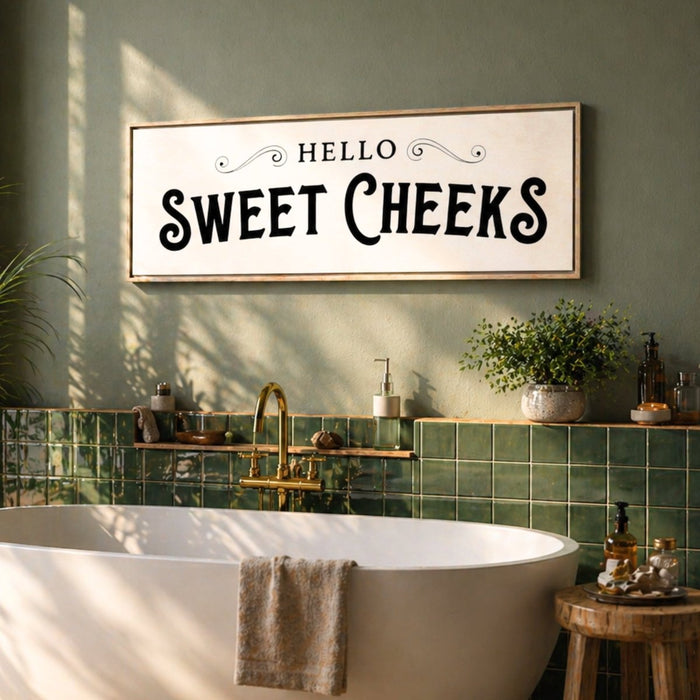 Funny Bathroom Sign - Hello Sweet Cheeks Wall Art | Retro Farmhouse Decor - Lumberwave Creations