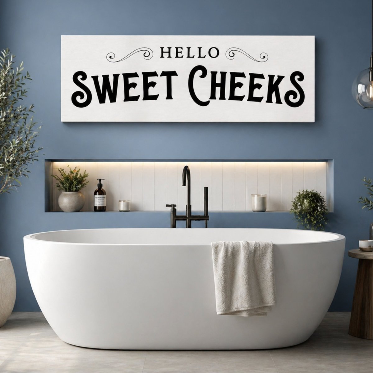 Funny Bathroom Sign - Hello Sweet Cheeks Wall Art | Retro Farmhouse Decor - Lumberwave Creations