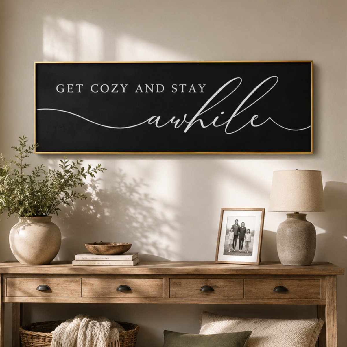 Get Cozy and Stay Awhile | Gather Signs & Living Room Signs - Lumberwave Creations