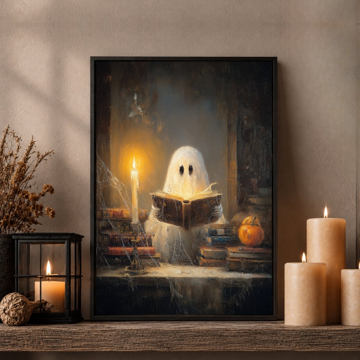 Ghost Reading Print - Halloween Wall Decor | Rustic Painting Prints & Fall Home Decor - Lumberwave Creations