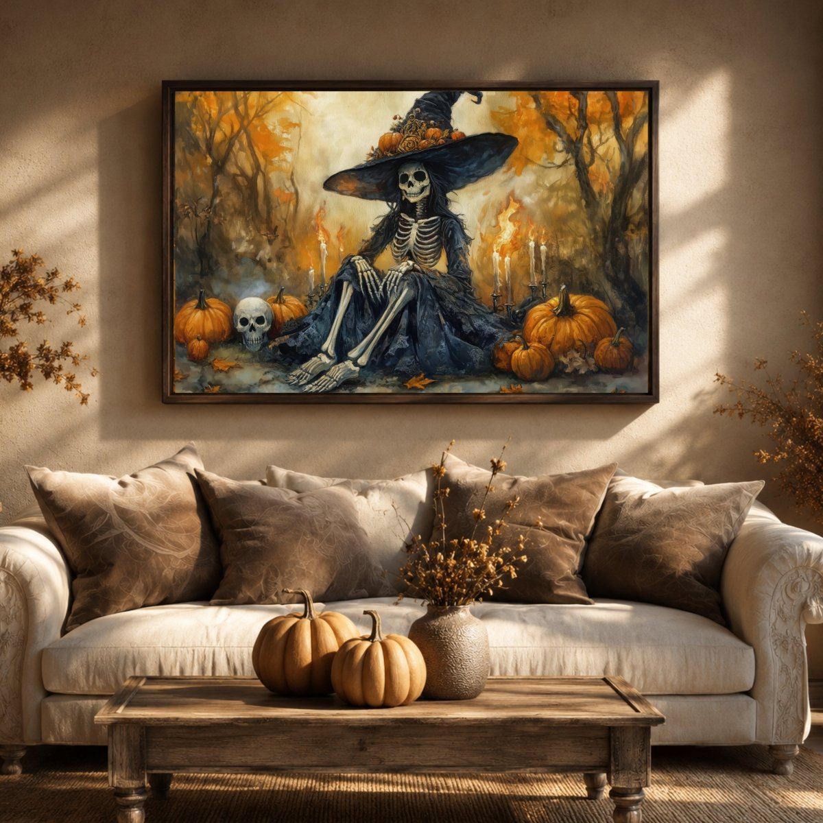 Halloween Wall Decor - Witch Print Art With Dia De Los Muertos Skull & Skeleton Sign - Lumberwave Creations