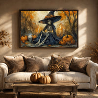 Halloween Wall Decor - Witch Print Art With Dia De Los Muertos Skull & Skeleton Sign - Lumberwave Creations