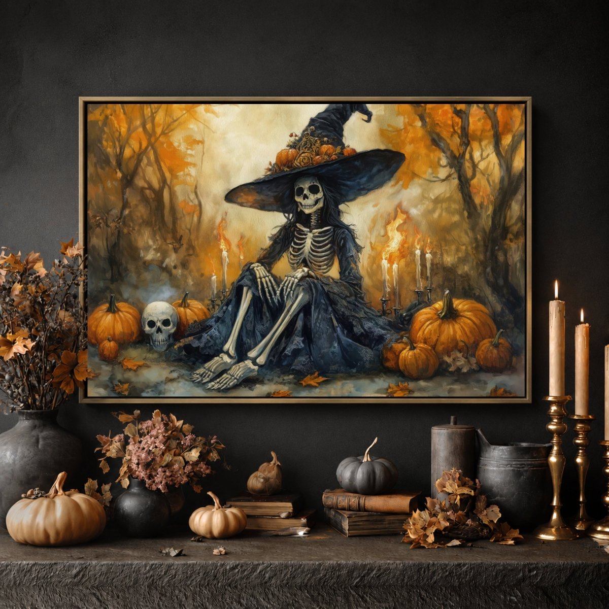 Halloween Wall Decor - Witch Print Art With Dia De Los Muertos Skull & Skeleton Sign - Lumberwave Creations