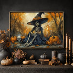 Halloween Wall Decor - Witch Print Art With Dia De Los Muertos Skull & Skeleton Sign - Lumberwave Creations