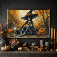 Halloween Wall Decor - Witch Print Art With Dia De Los Muertos Skull & Skeleton Sign - Lumberwave Creations