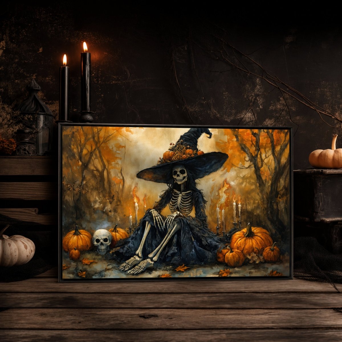 Halloween Wall Decor - Witch Print Art With Dia De Los Muertos Skull & Skeleton Sign - Lumberwave Creations