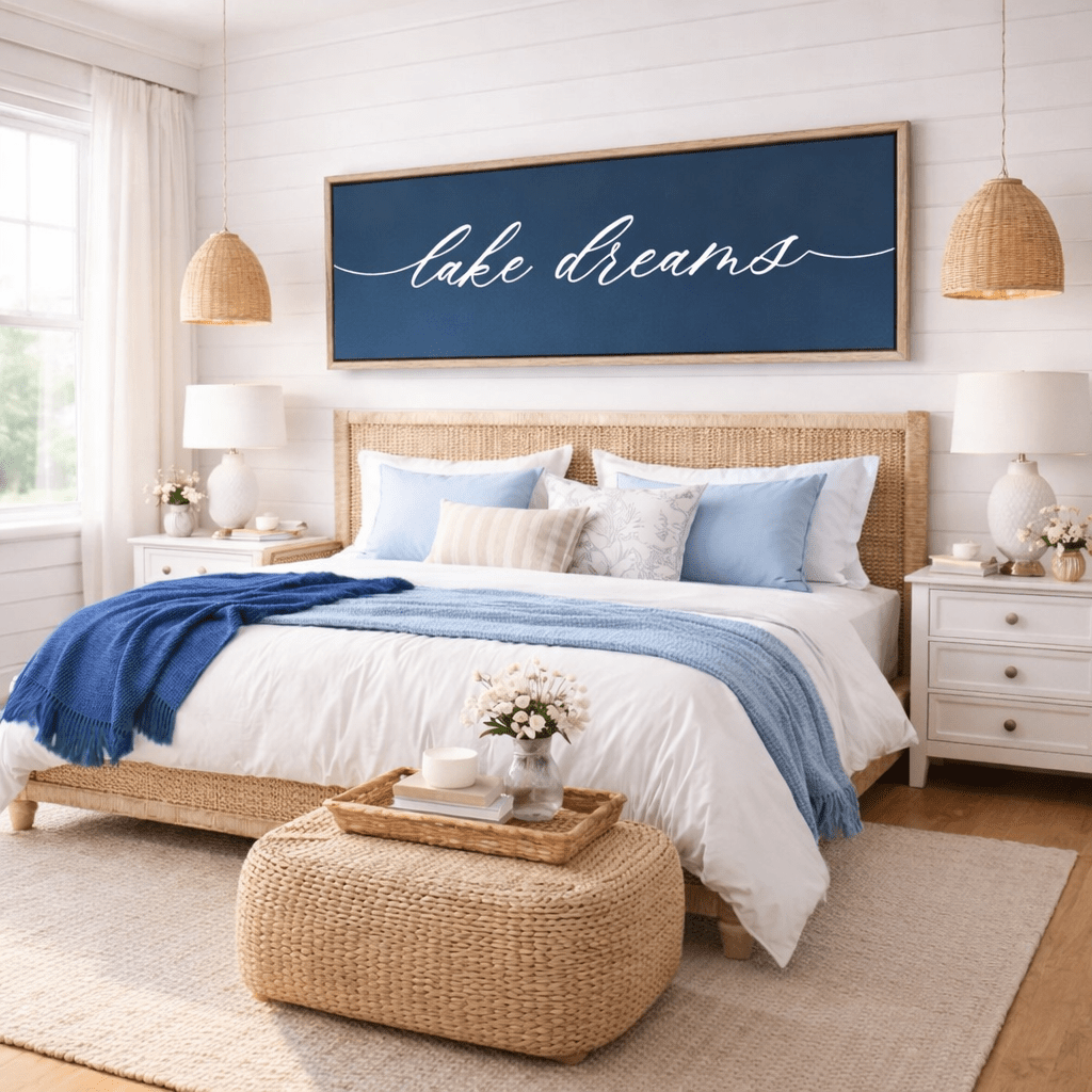 Lake Dreams Sign - Modern Lake House Decor | Wood Framed Bedroom Wall Art - Lumberwave Creations