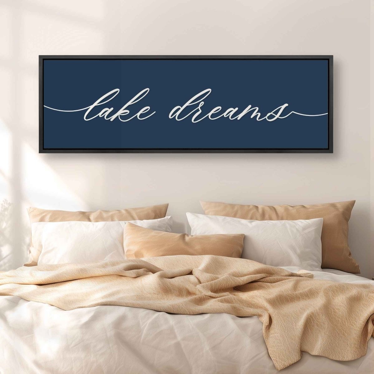 Lake Dreams Sign - Modern Lake House Decor | Wood Framed Bedroom Wall Art - Lumberwave Creations