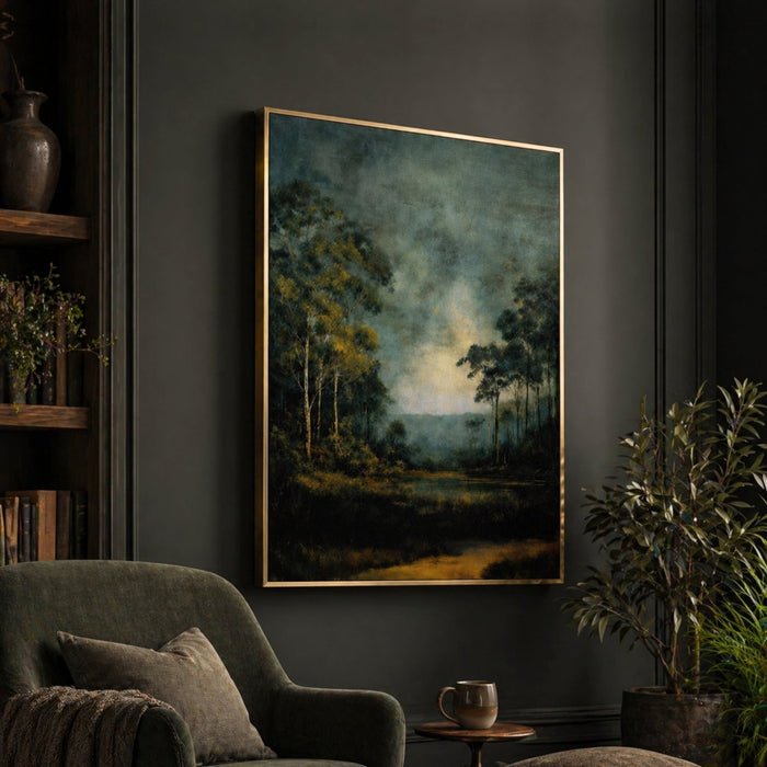 Moody Forest Print – Vintage Tree Painting With Lake Scene Prints & Rustic Cabin Decor - Lumberwave Creations