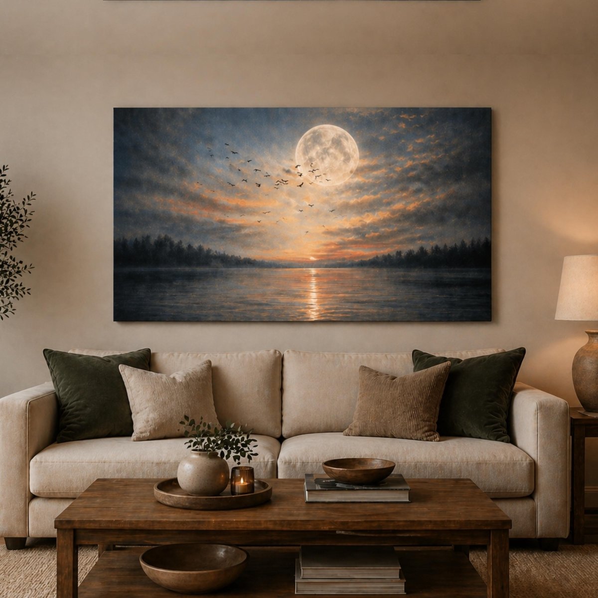 Moonlit Lake Wall Art, Full Moon Landscape Print, Nature Prints, Moody Lake House Decor - Lumberwave Creations