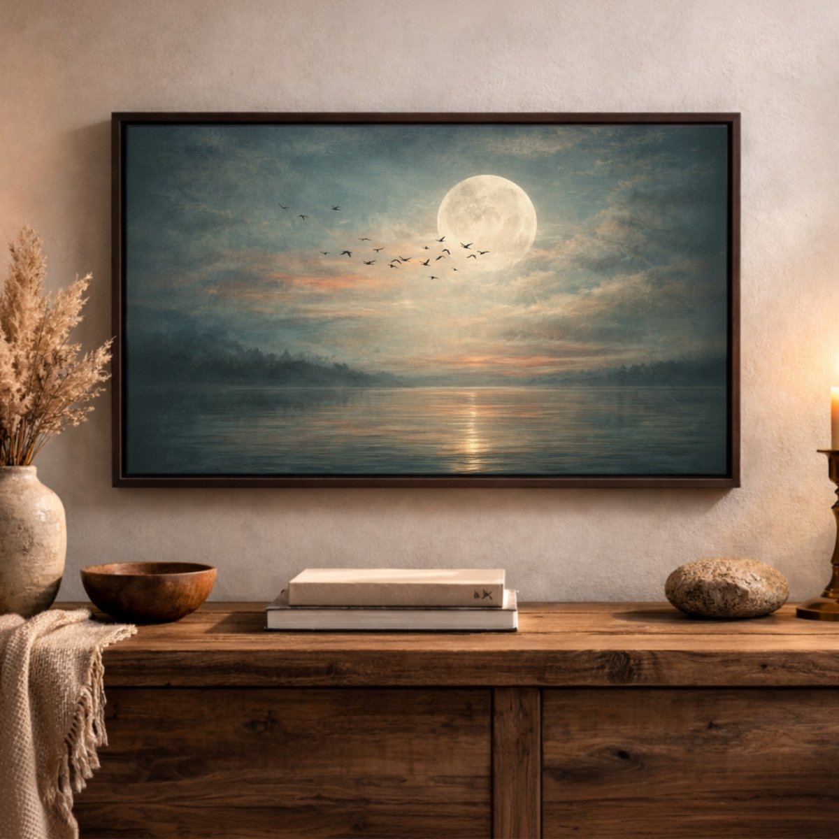 Moonlit Lake Wall Art, Full Moon Landscape Print, Nature Prints, Moody Lake House Decor - Lumberwave Creations