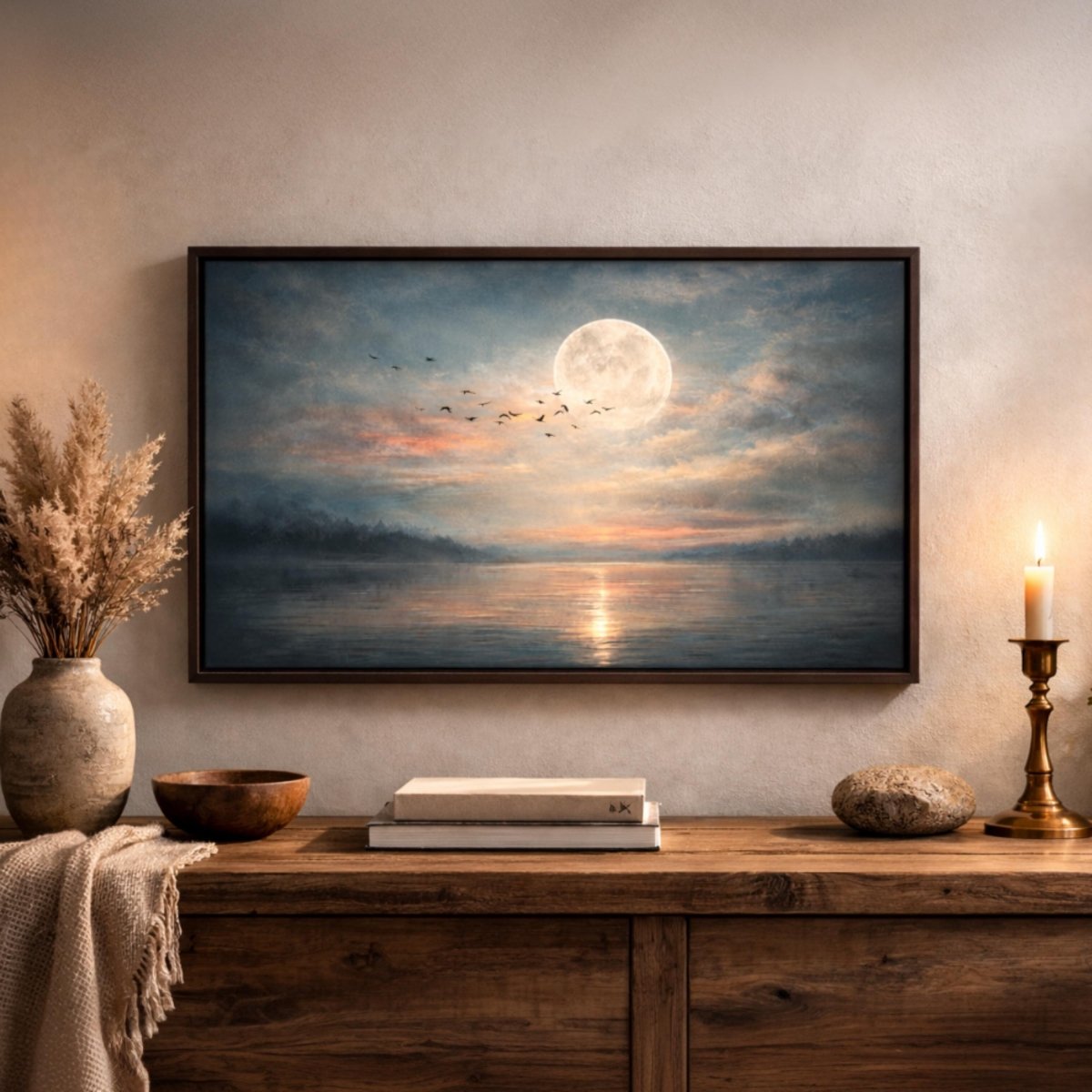 Moonlit Lake Wall Art, Full Moon Landscape Print, Nature Prints, Moody Lake House Decor - Lumberwave Creations