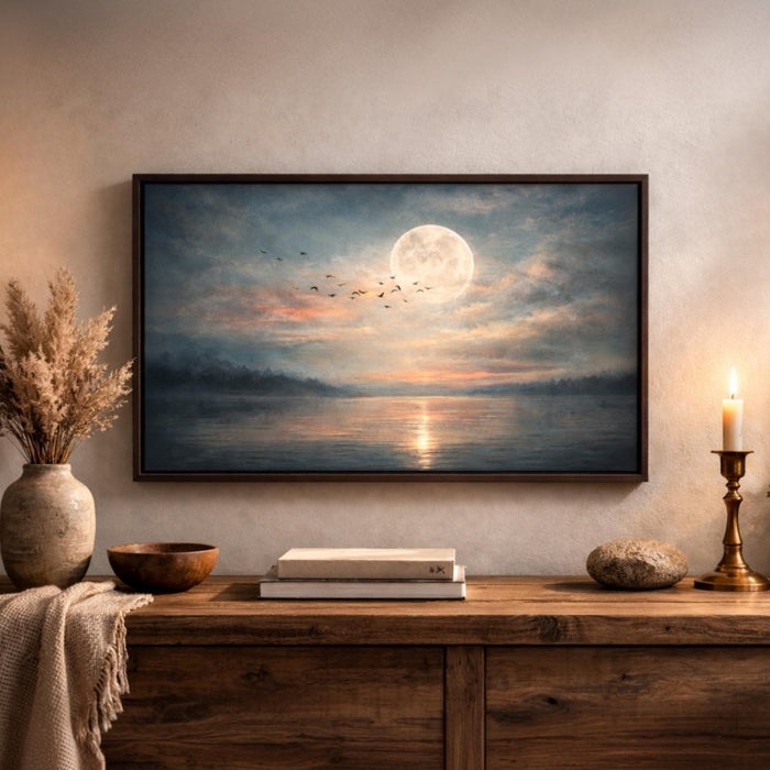 Moonlit Lake Wall Art, Full Moon Landscape Print, Nature Prints, Moody Lake House Decor - Lumberwave Creations