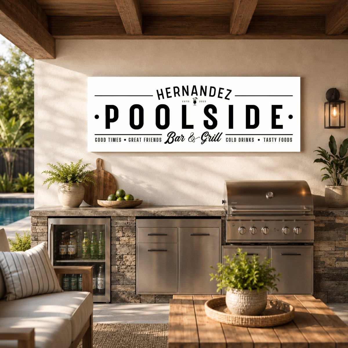 Personalized Poolside Bar and Grill Sign - Custom Patio Wall Decor & Backyard Bar Signs - Lumberwave Creations