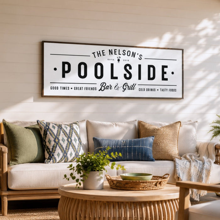Personalized Poolside Bar and Grill Sign - Custom Patio Wall Decor & Backyard Bar Signs - Lumberwave Creations