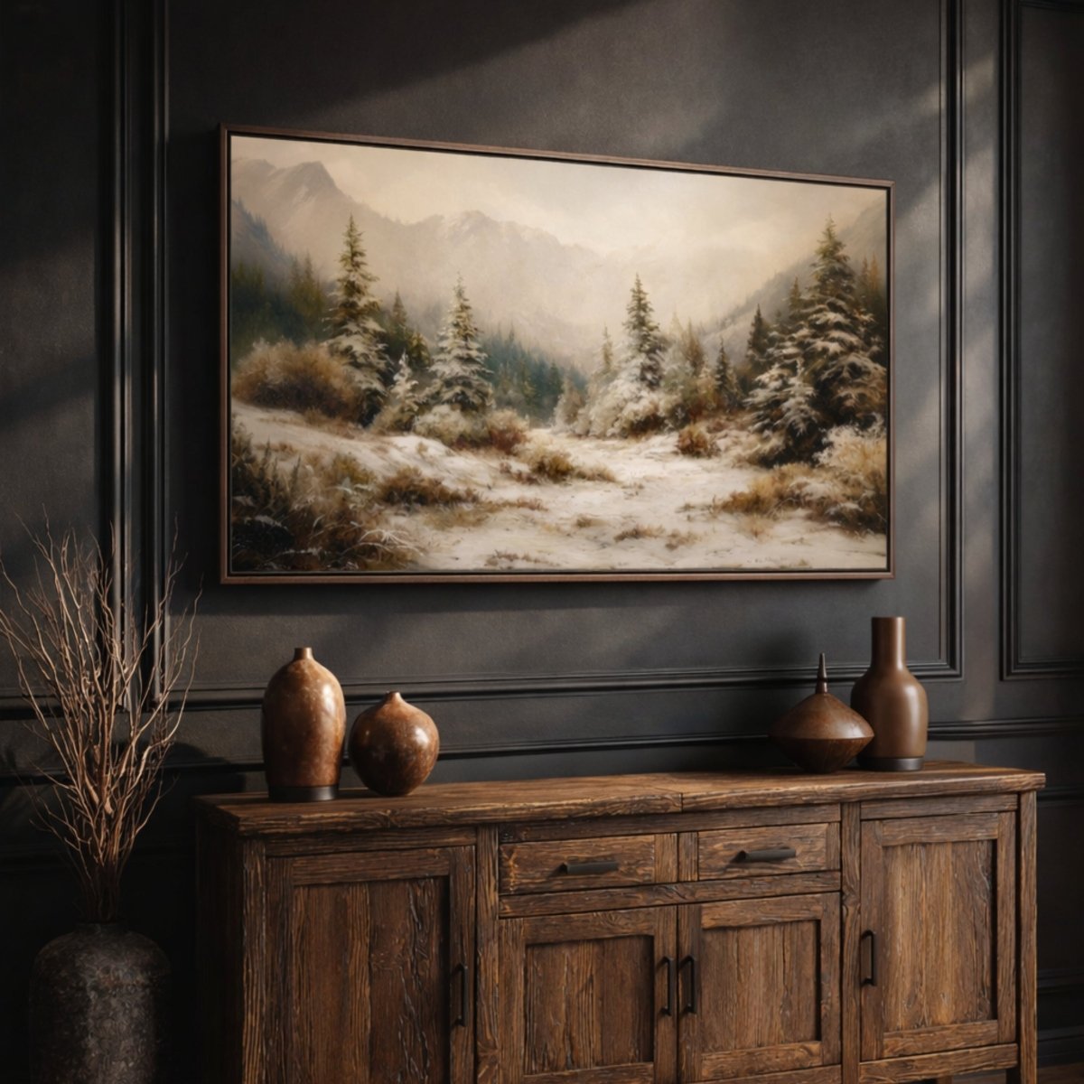 Snowy Forest Wall Art – Vintage Winter Landscape Print With Mountain Decor - Lumberwave Creations