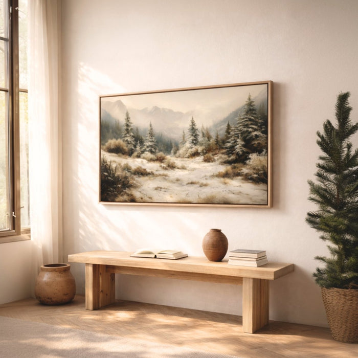 Snowy Forest Wall Art – Vintage Winter Landscape Print With Mountain Decor - Lumberwave Creations