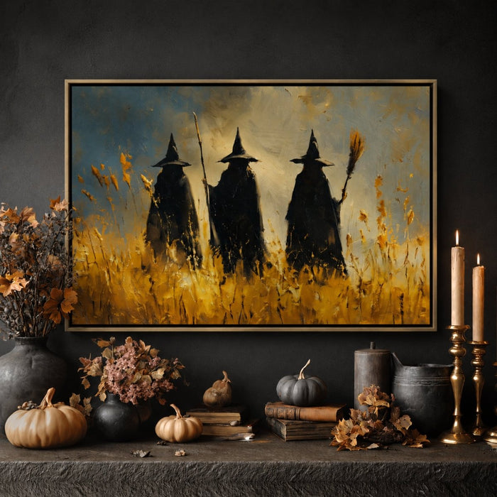 Three Witches Wall Art – Vintage Halloween Print with 3 Witch Hats Sign - Lumberwave Creations