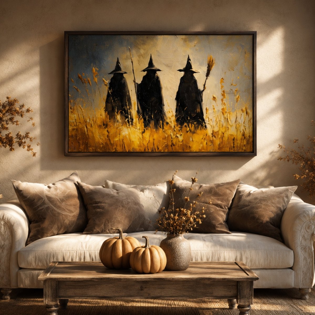 Three Witches Wall Art – Vintage Halloween Print with 3 Witch Hats Sign - Lumberwave Creations