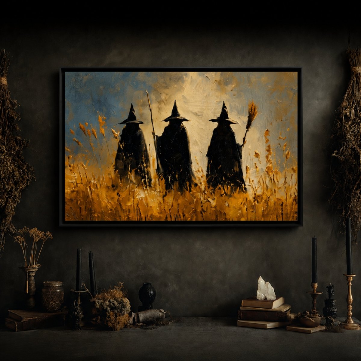 Three Witches Wall Art – Vintage Halloween Print with 3 Witch Hats Sign - Lumberwave Creations