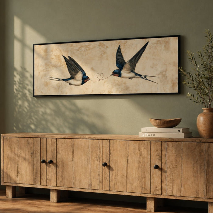 Two Sparrows Print - Minimalist Bird Wall Art With String Heart Decor - Lumberwave Creations
