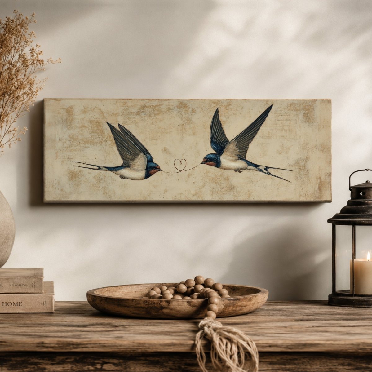 Two Sparrows Print - Minimalist Bird Wall Art With String Heart Decor - Lumberwave Creations