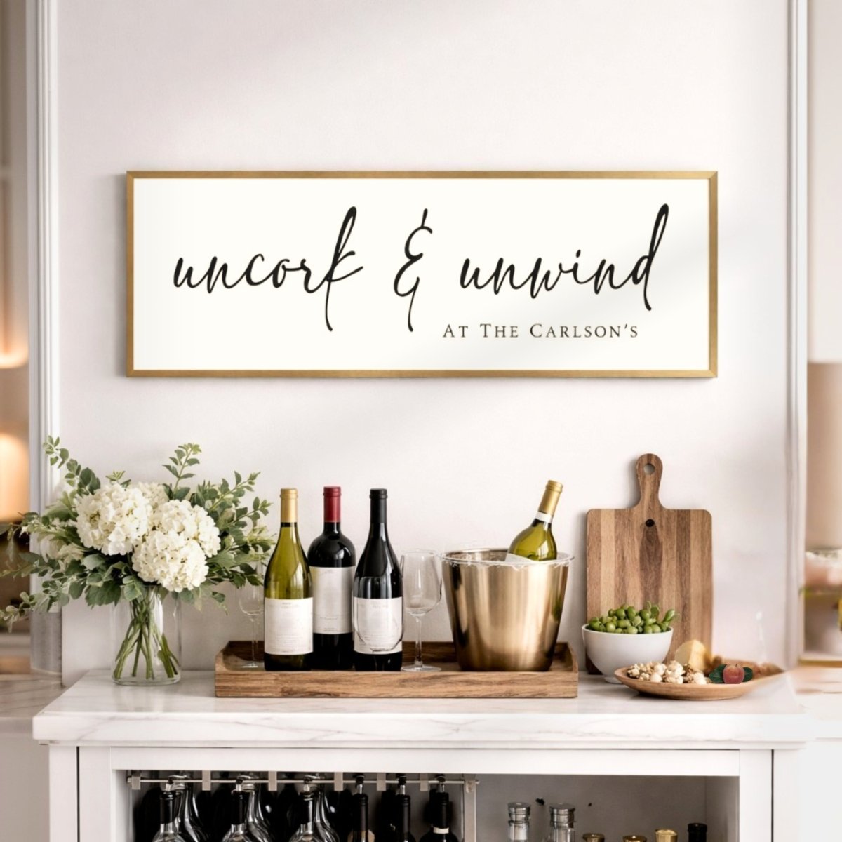Uncork Unwind Sign – Custom Wine Bar Decor | Personalized Bar Cart Print - Lumberwave Creations