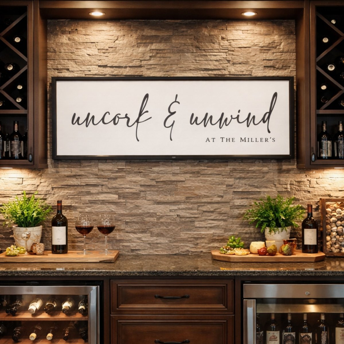 Uncork Unwind Sign – Custom Wine Bar Decor | Personalized Bar Cart Print - Lumberwave Creations