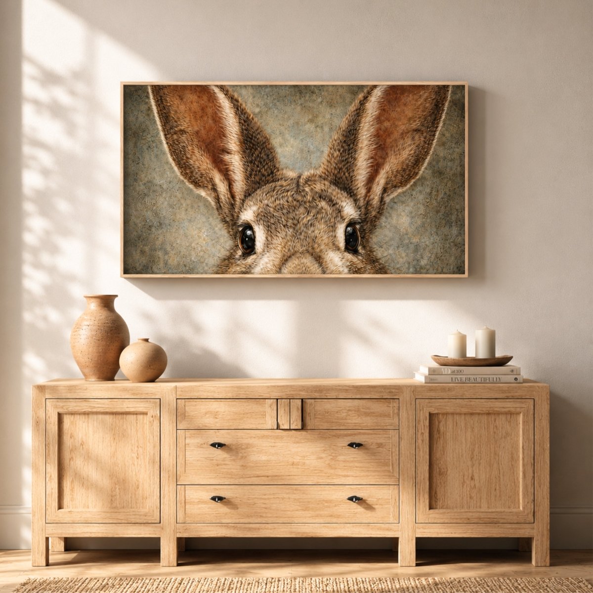 Vintage Bunny Print, Peeking Rabbit Wall Art, Neutral Woodland Nursery Decor, Rabbit Portrait - Lumberwave Creations