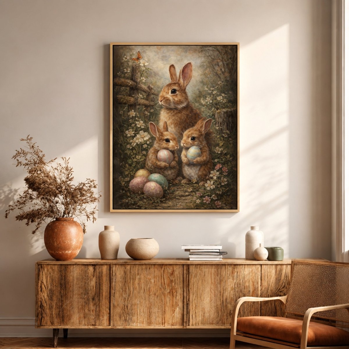 Vintage Easter Bunny Art – Rustic Rabbit Print With Soft Spring Colors & Easter Eggs Decoration - Lumberwave Creations