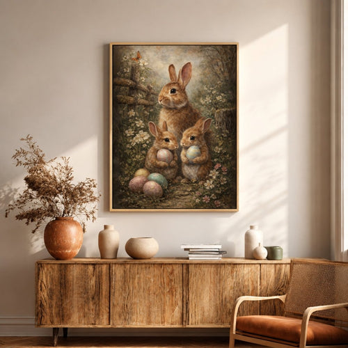 Vintage Easter Bunny Art – Rustic Rabbit Print With Soft Spring Colors & Easter Eggs Decoration - Lumberwave Creations