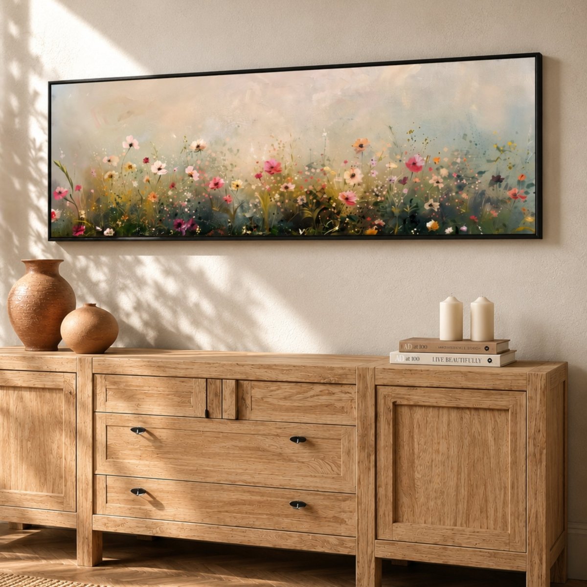 Wildflowers Painting Print - Colorful Floral Wall Decor | Long Landscape Sign - Lumberwave Creations
