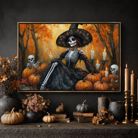 Witch Print Wall Decor – Skeleton Lady Halloween Art | Dia De Los Muertos Sign - Lumberwave Creations