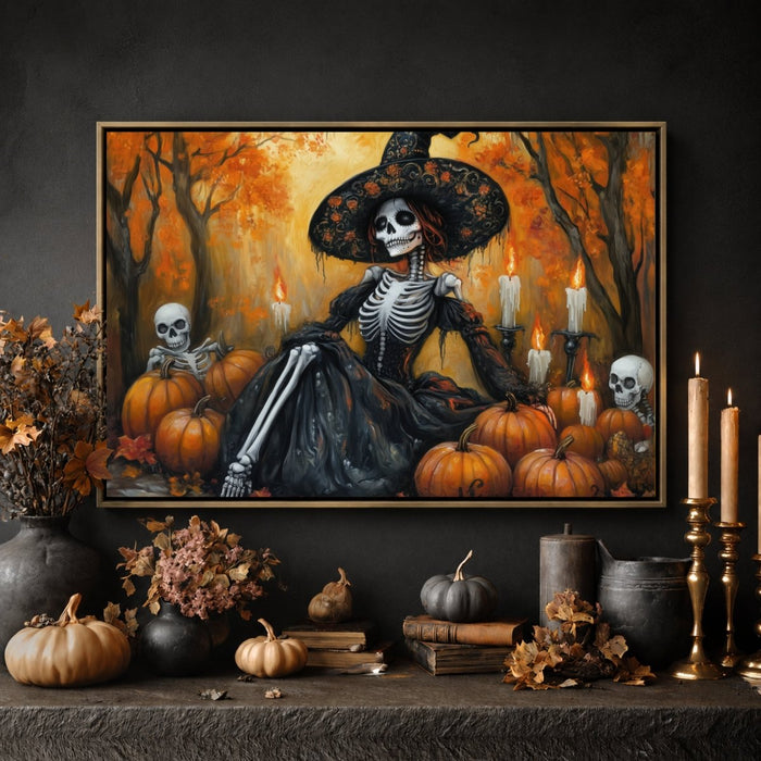 Witch Print Wall Decor – Skeleton Lady Halloween Art | Dia De Los Muertos Sign - Lumberwave Creations