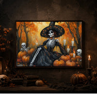 Witch Print Wall Decor – Skeleton Lady Halloween Art | Dia De Los Muertos Sign - Lumberwave Creations